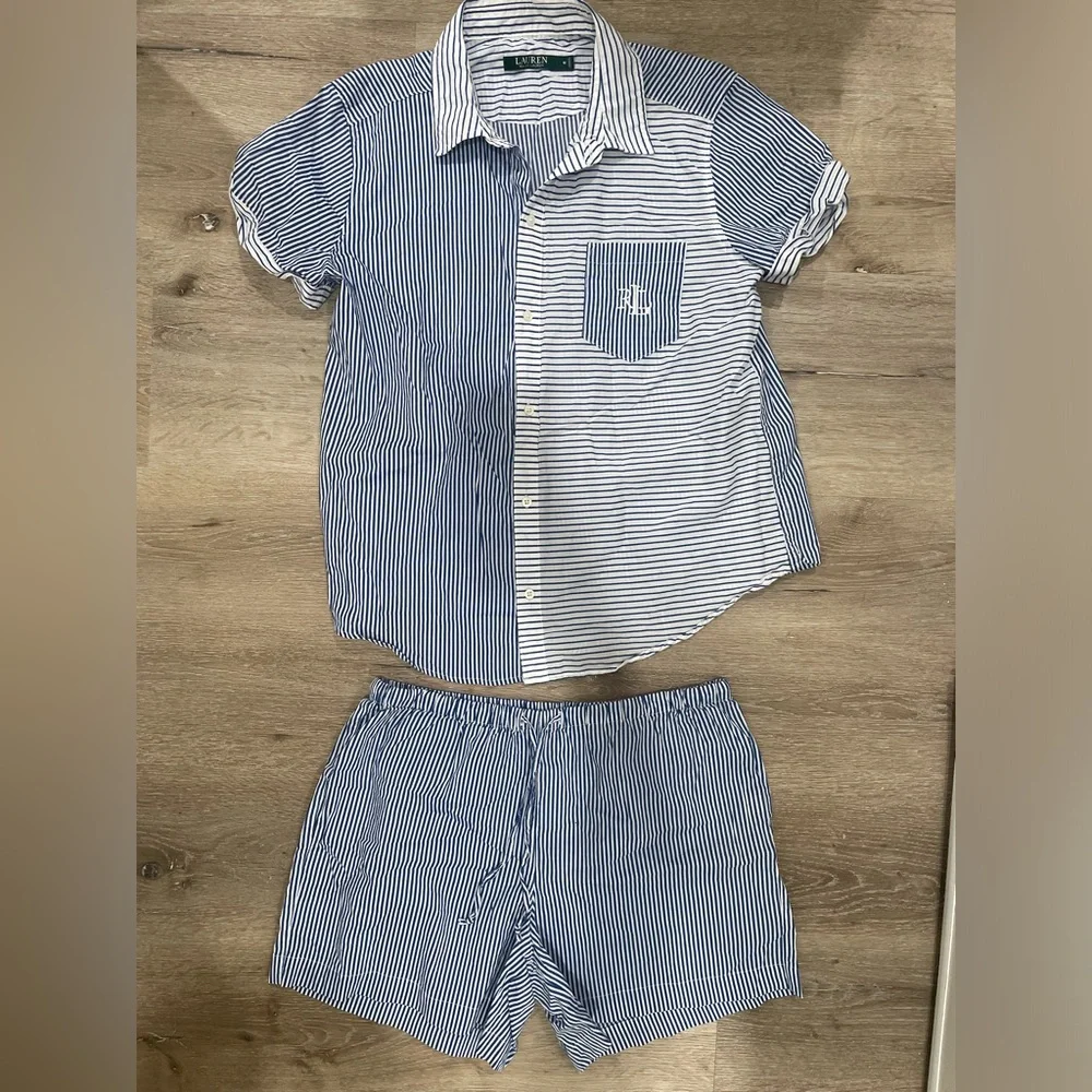 Ralph Lauren Blue and White Pinstriped Pajama Short Set 100% Organic Cotton